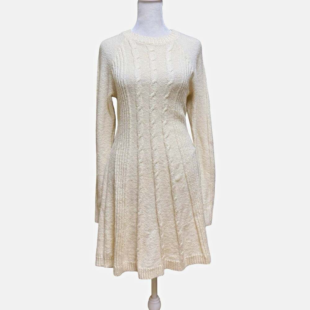 Hollister Ivory Cable Knit Crew Neck Long Sleeve Short Sweater Dress Size L